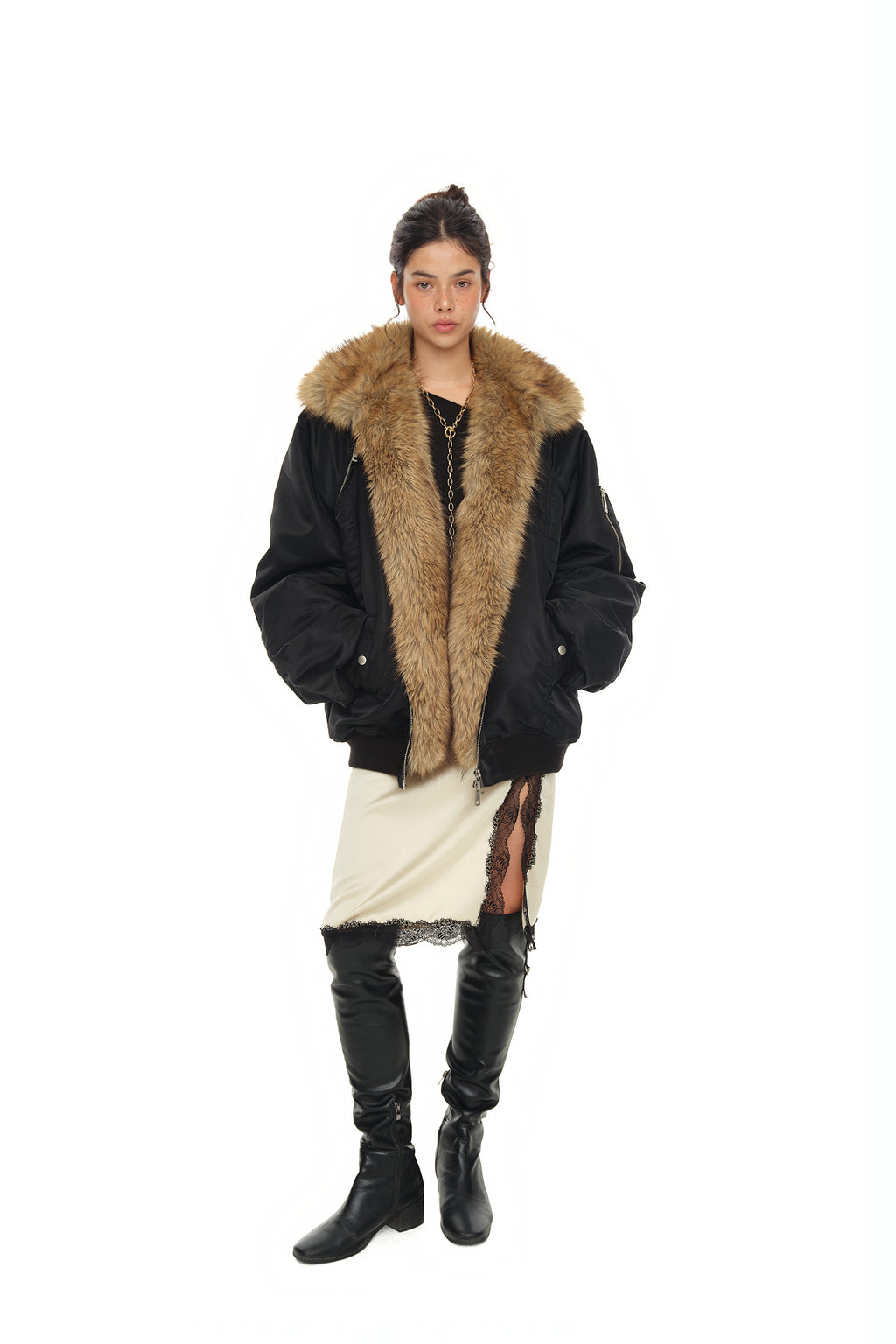FAUX FUR BOMBER JACKET (Black)