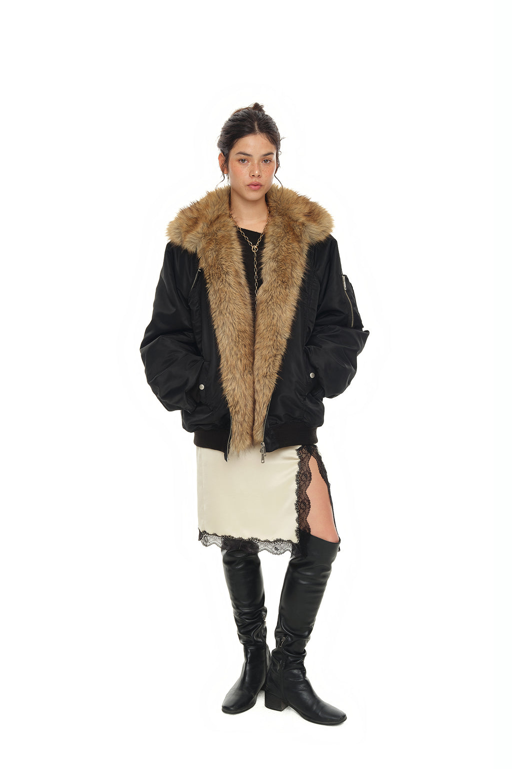 FAUX FUR BOMBER JACKET (Black)