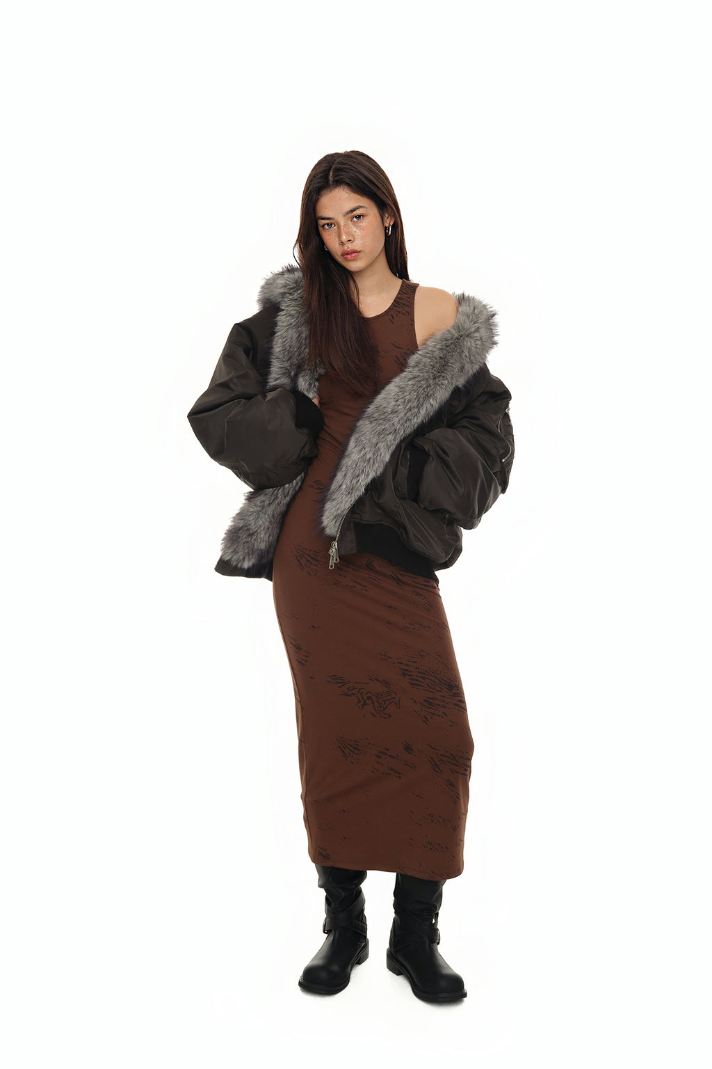 FAUX FUR BOMBER JACKET (CHARCOAL)