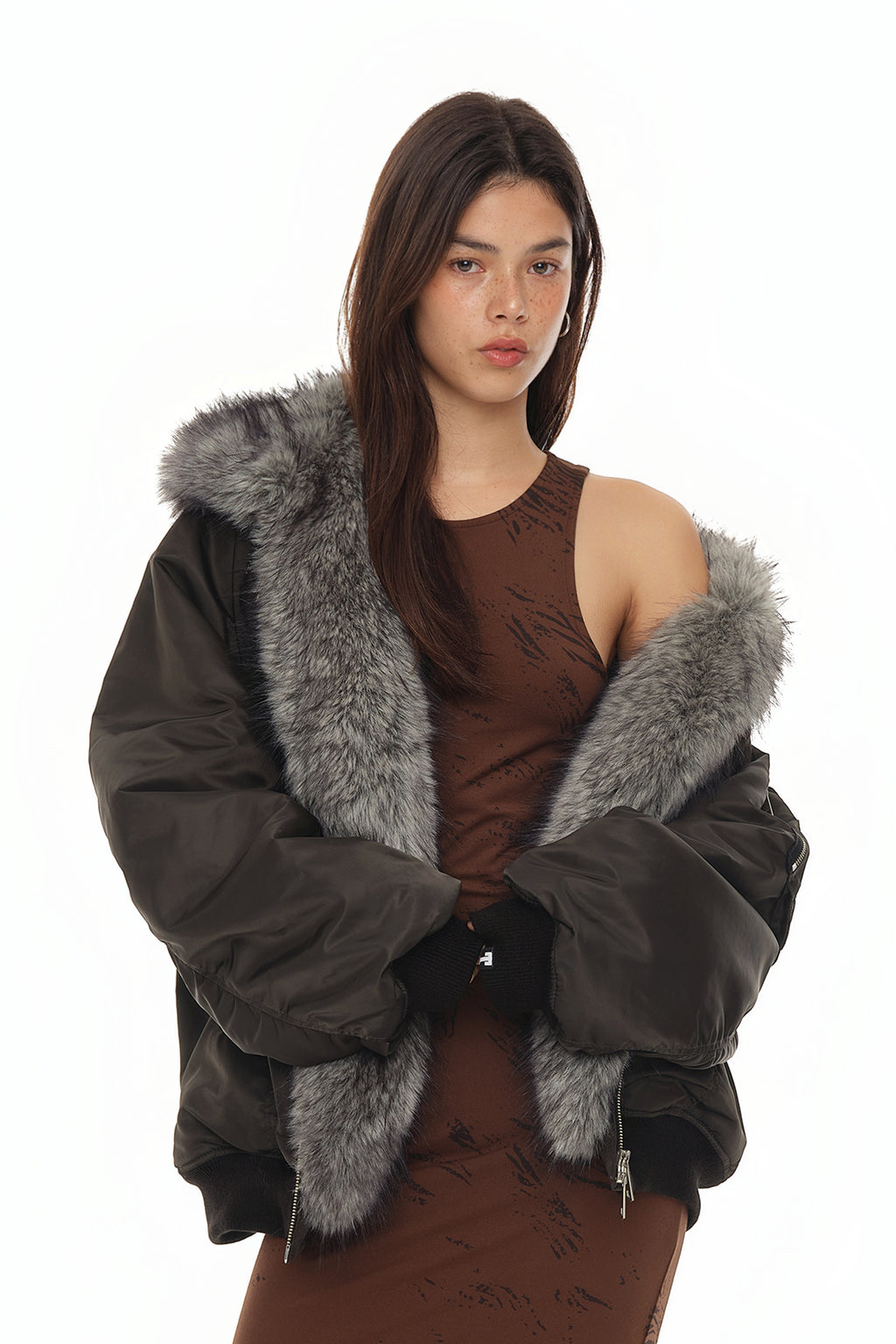 FAUX FUR BOMBER JACKET (CHARCOAL)