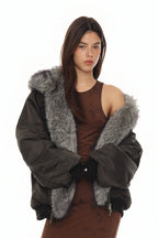 FAUX FUR BOMBER JACKET (CHARCOAL)