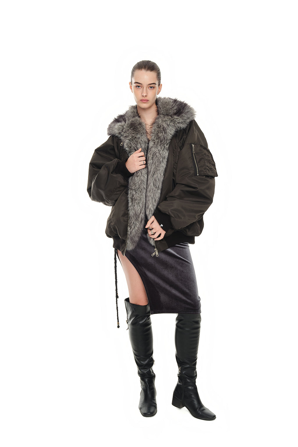 FAUX FUR BOMBER JACKET (CHARCOAL)