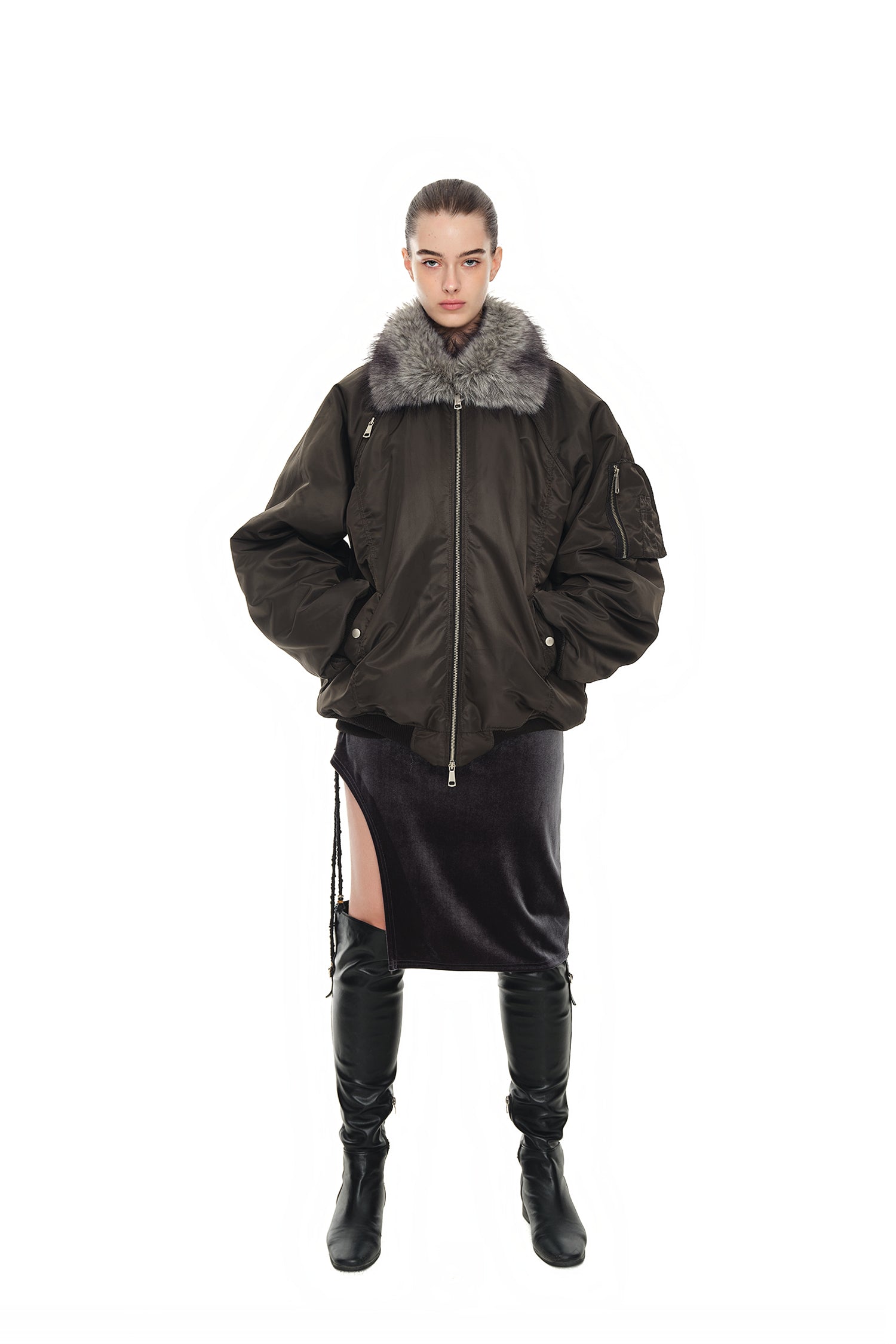 FAUX FUR BOMBER JACKET (CHARCOAL)