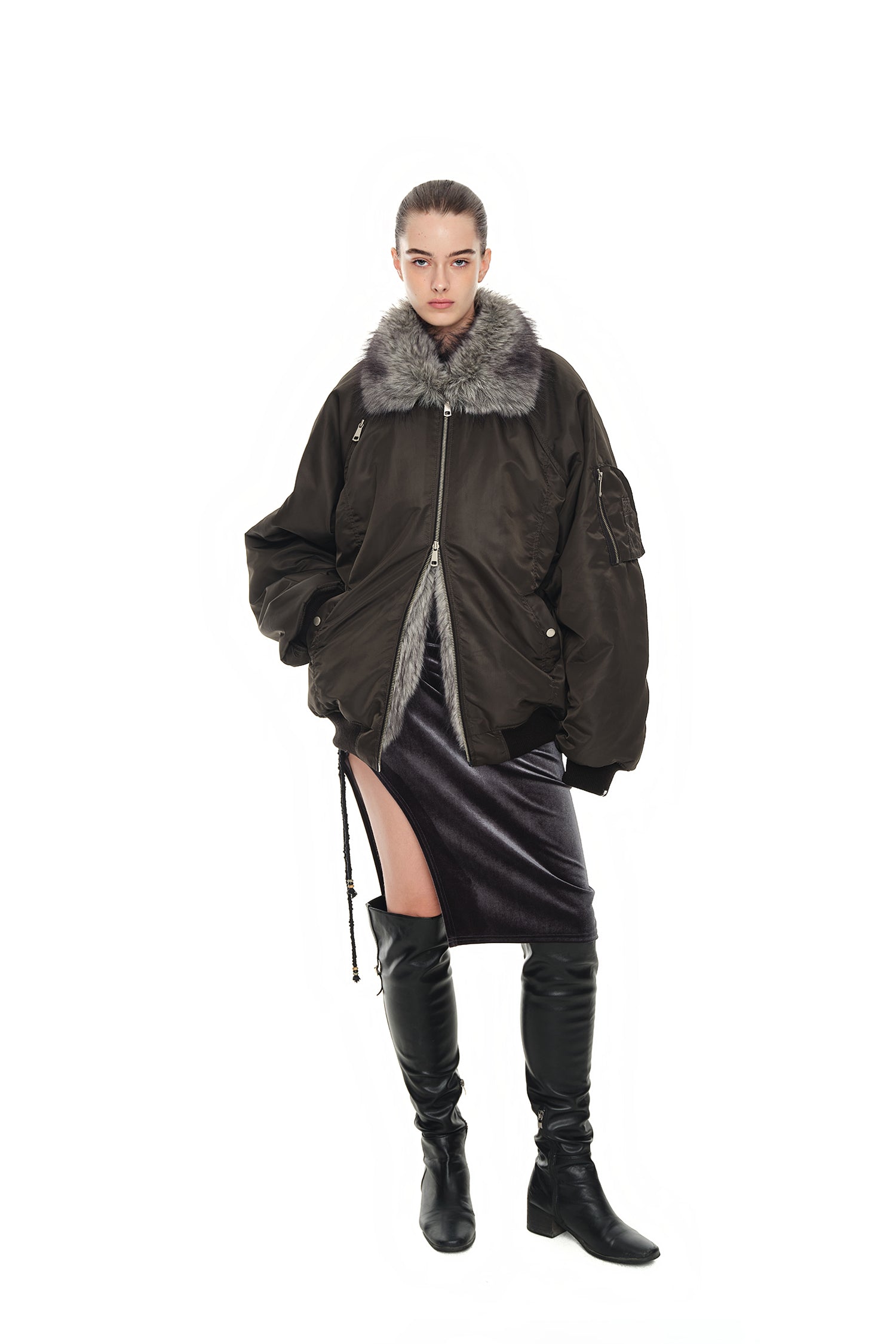 FAUX FUR BOMBER JACKET (CHARCOAL)