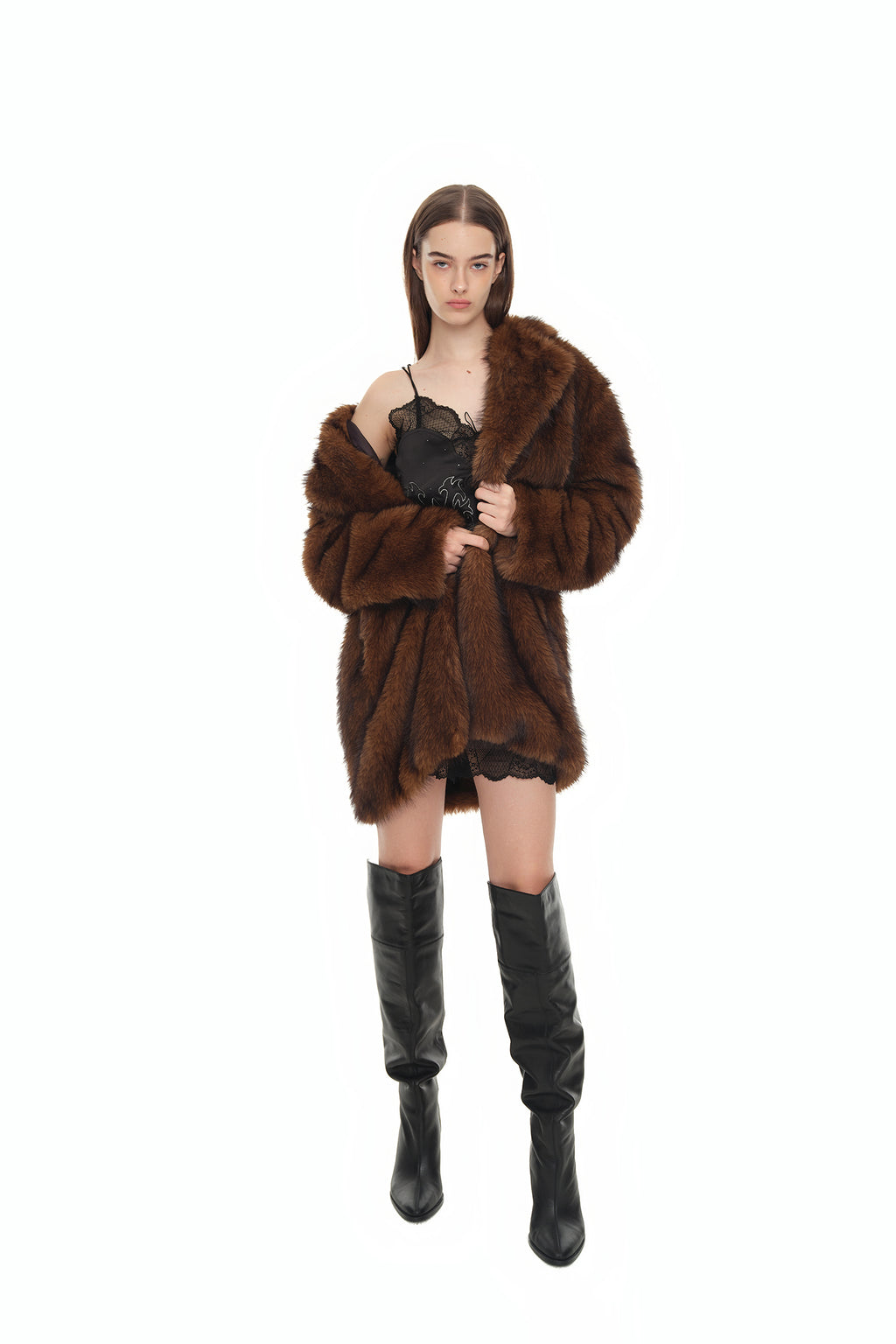 FAUX FUR HALF COAT (BROWN)