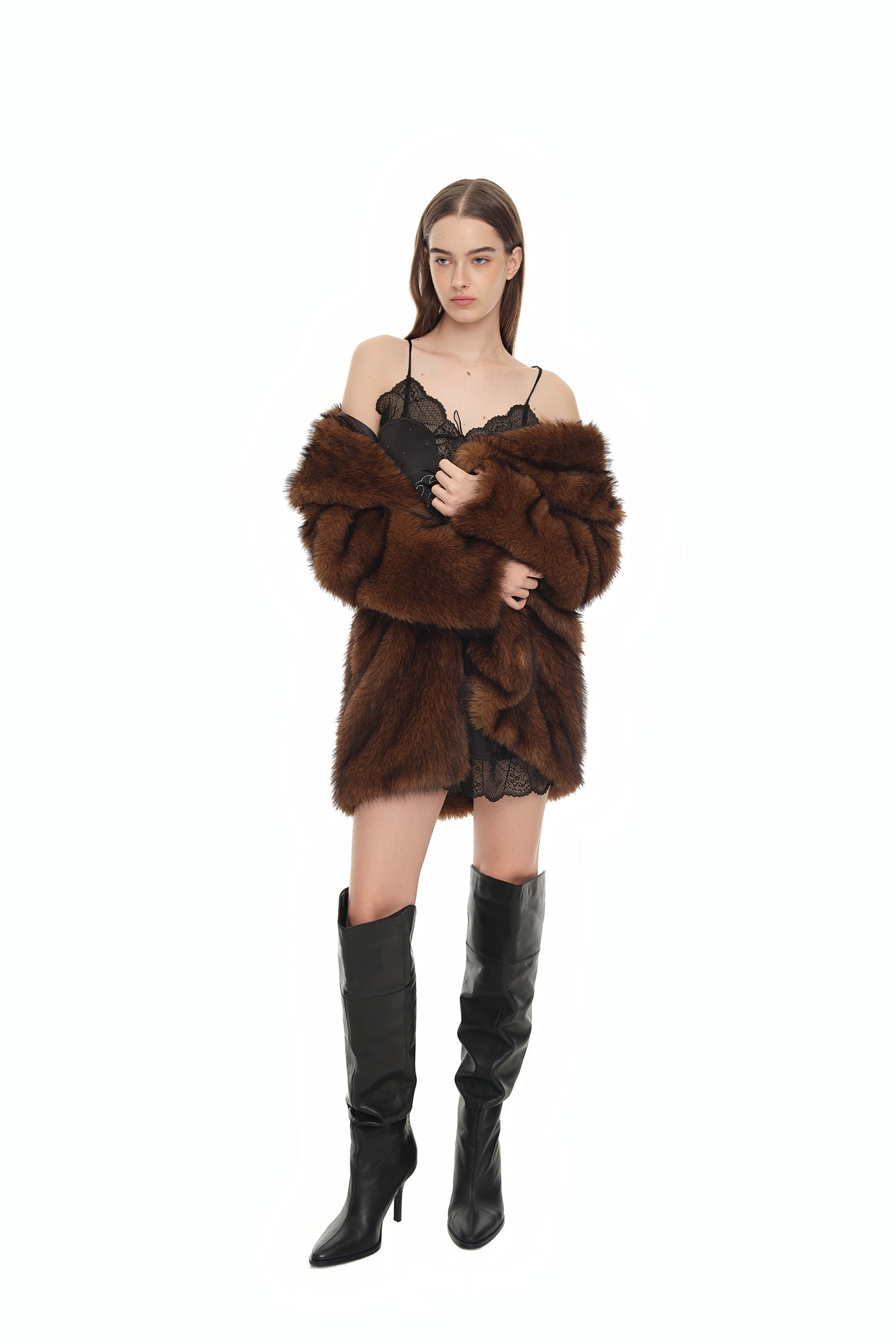 FAUX FUR HALF COAT (BROWN)