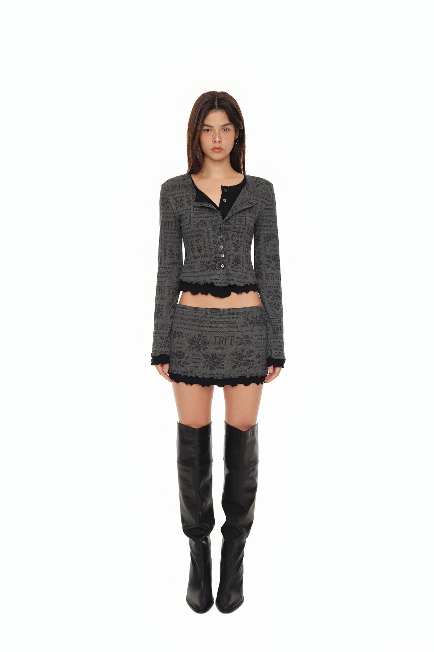 FLORAL MOTIF LAYERED CARDIGAN (CHARCOAL)