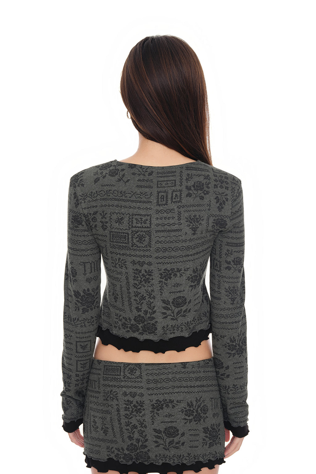 FLORAL MOTIF LAYERED CARDIGAN (CHARCOAL)