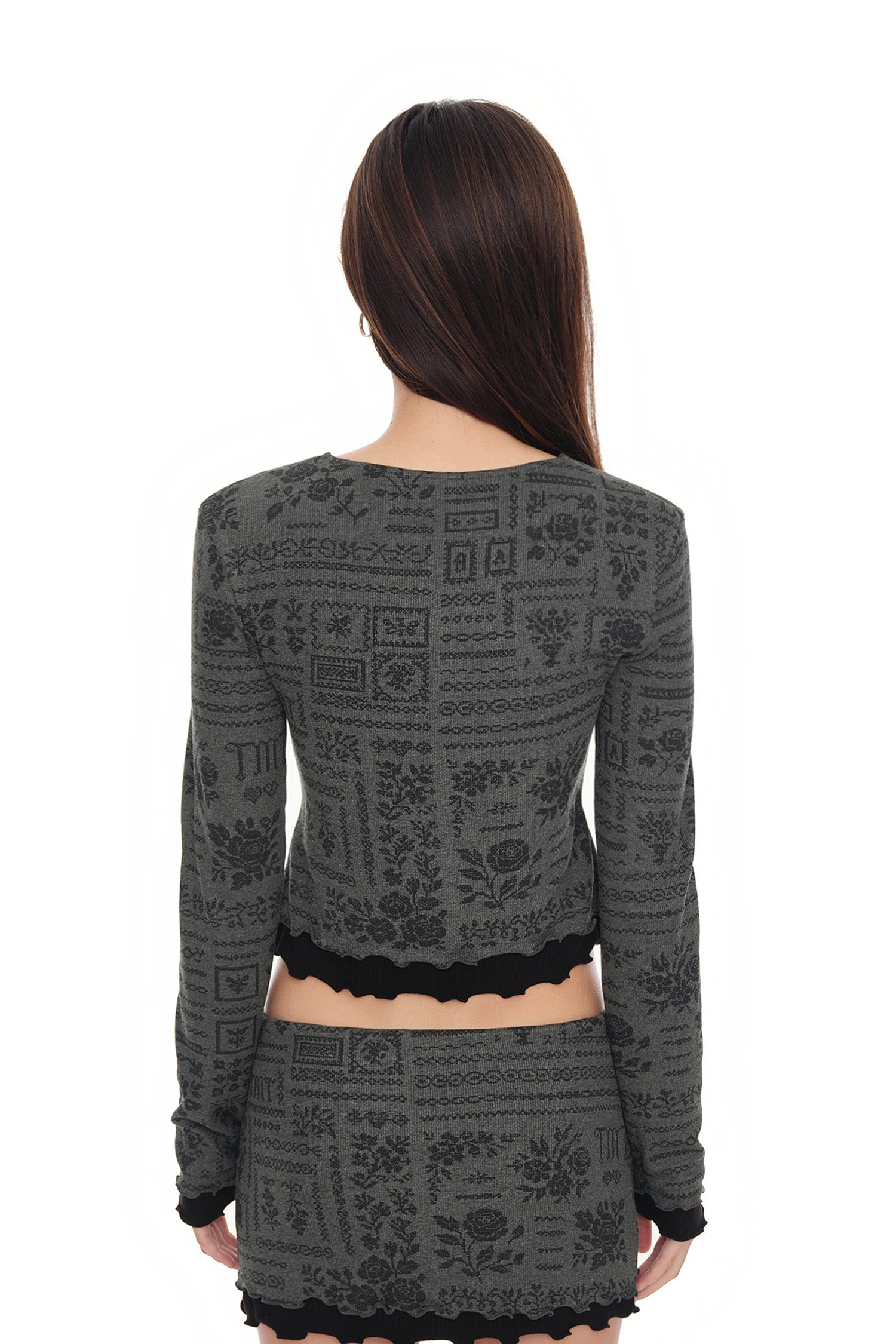 FLORAL MOTIF LAYERED CARDIGAN (CHARCOAL)