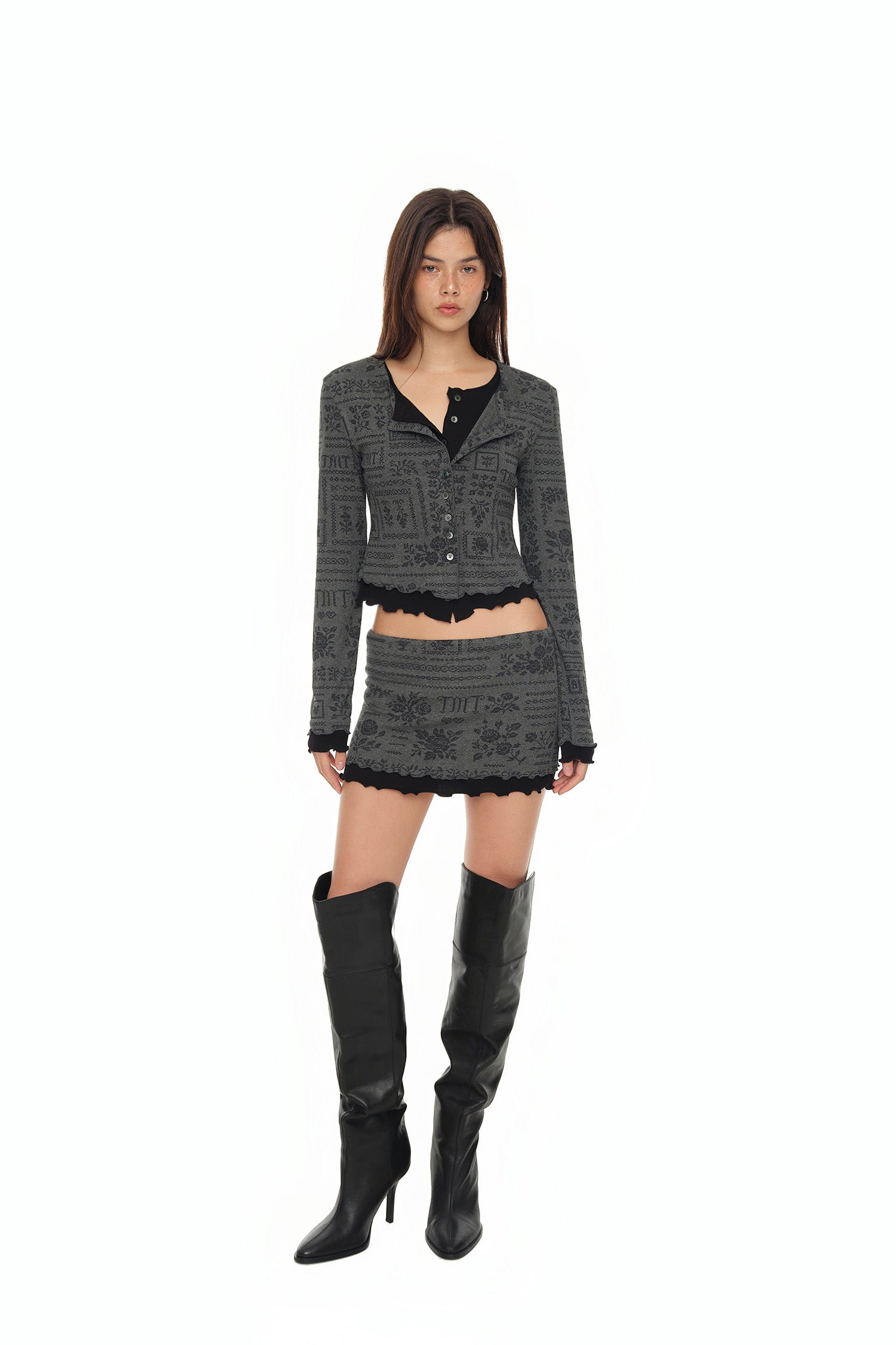 FLORAL MOTIF LAYERED CARDIGAN (CHARCOAL)