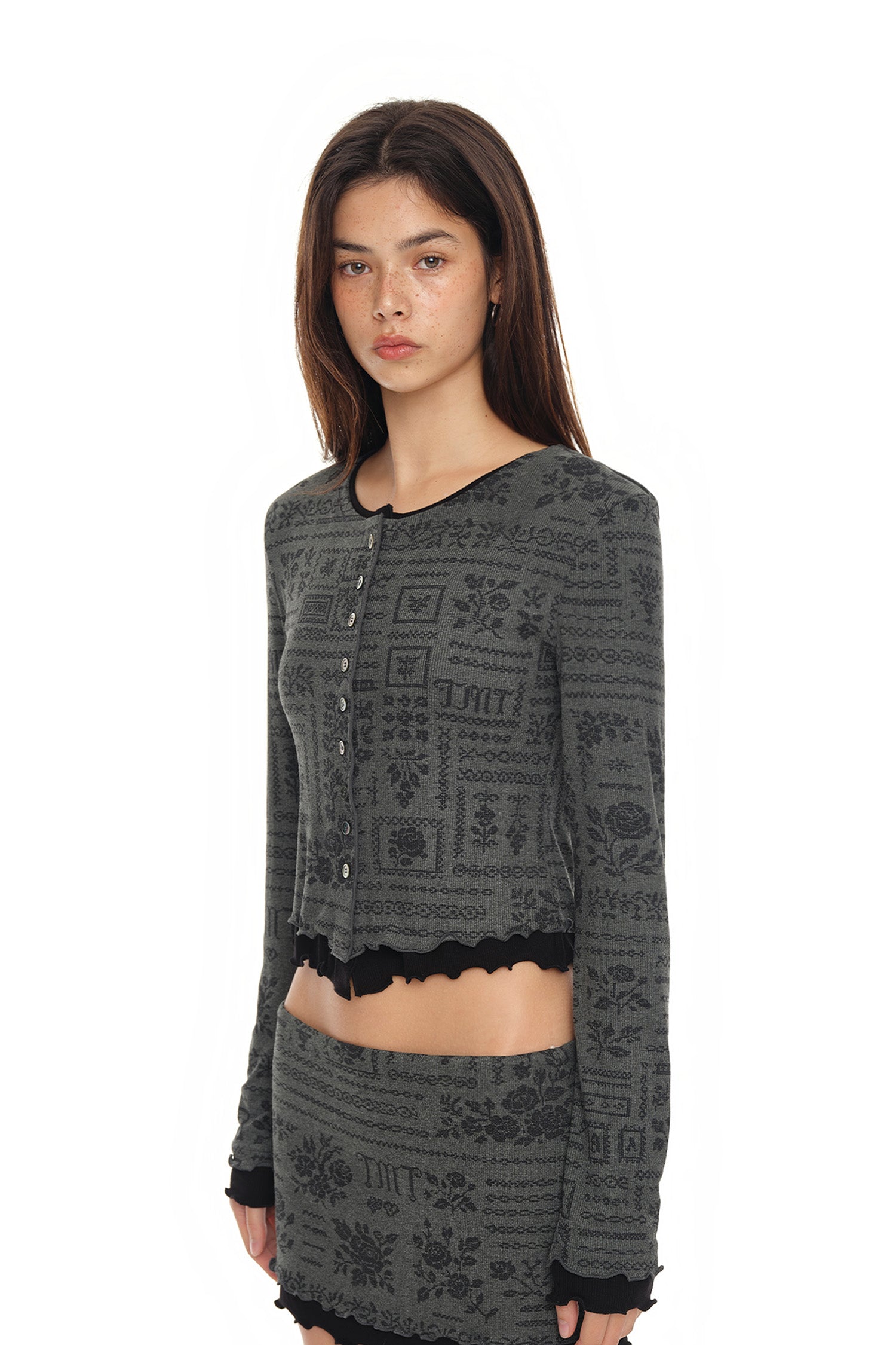 FLORAL MOTIF LAYERED CARDIGAN (CHARCOAL)