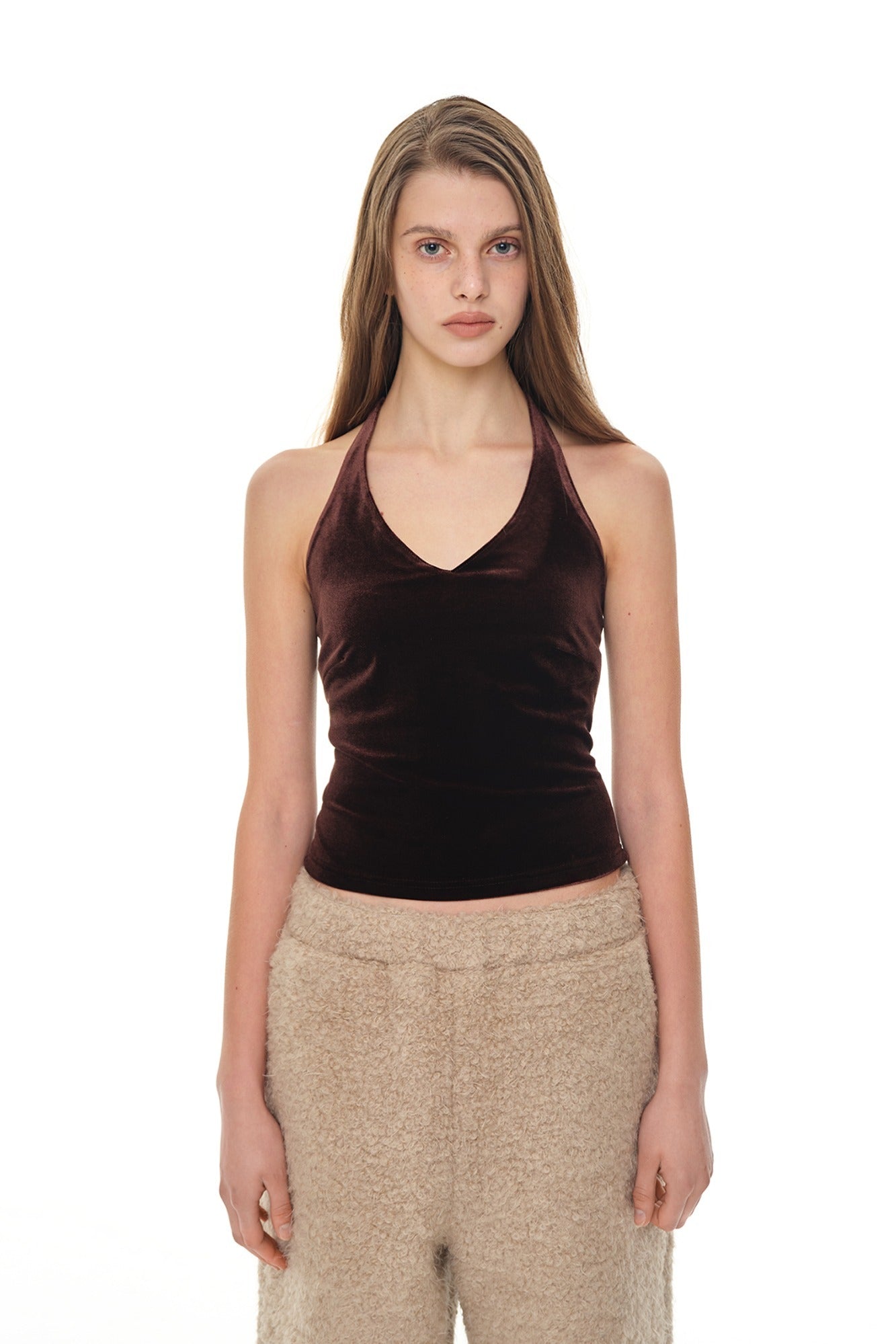 VELOUR HALTER TANK TOP (DARK BROWN)