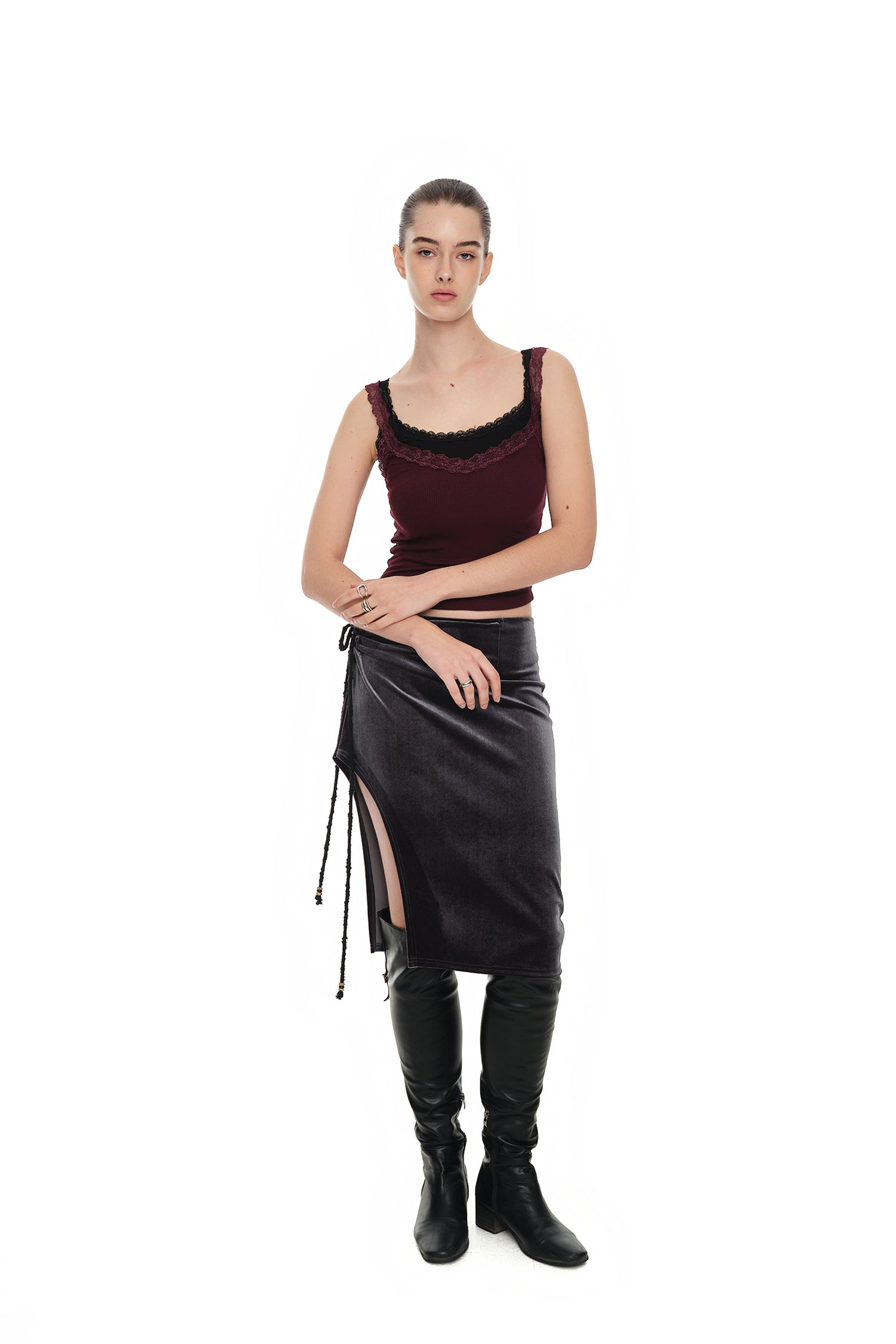 VELOUR MIDI SKIRT (CHARCOAL)
