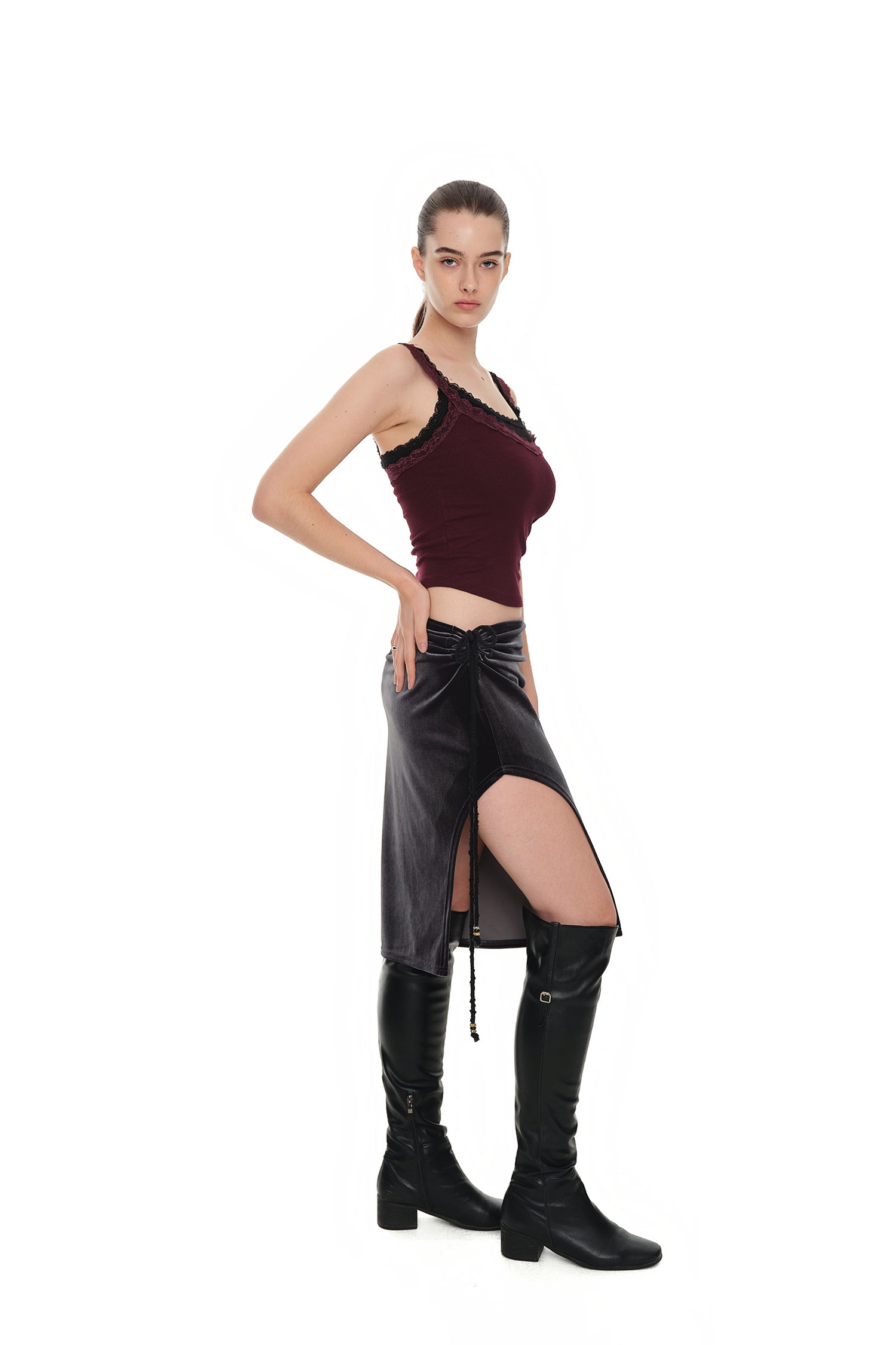 VELOUR MIDI SKIRT (CHARCOAL)