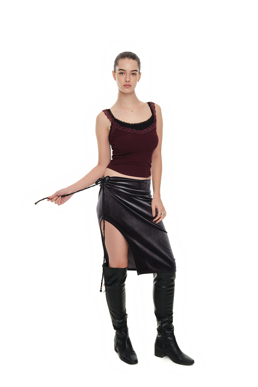 VELOUR MIDI SKIRT (CHARCOAL)