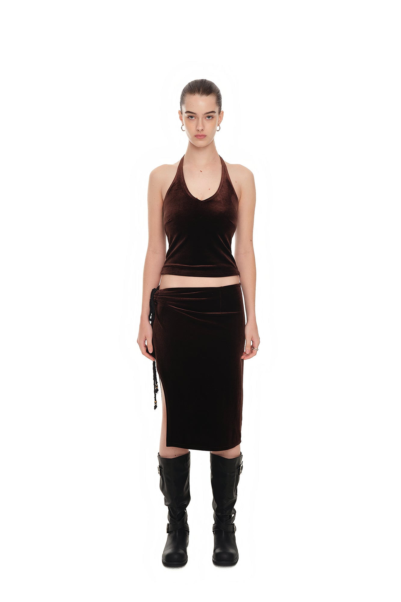 VELOUR MIDI SKIRT (DARK BROWN)