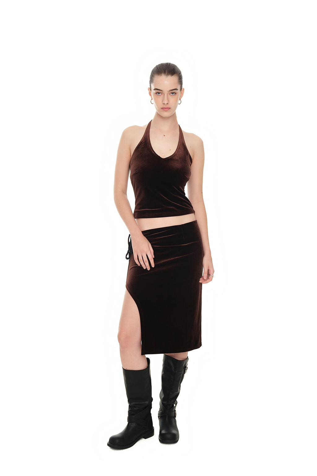 VELOUR MIDI SKIRT (DARK BROWN)