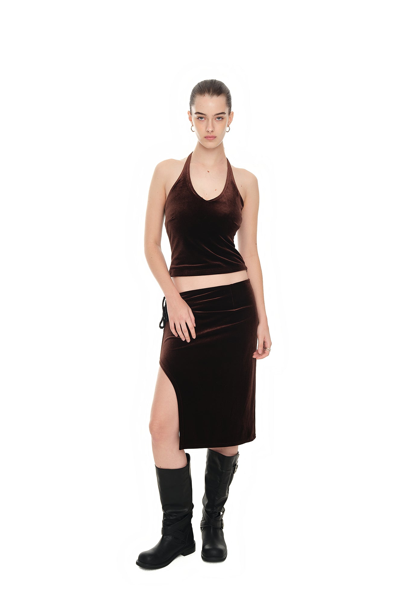 VELOUR MIDI SKIRT (DARK BROWN)