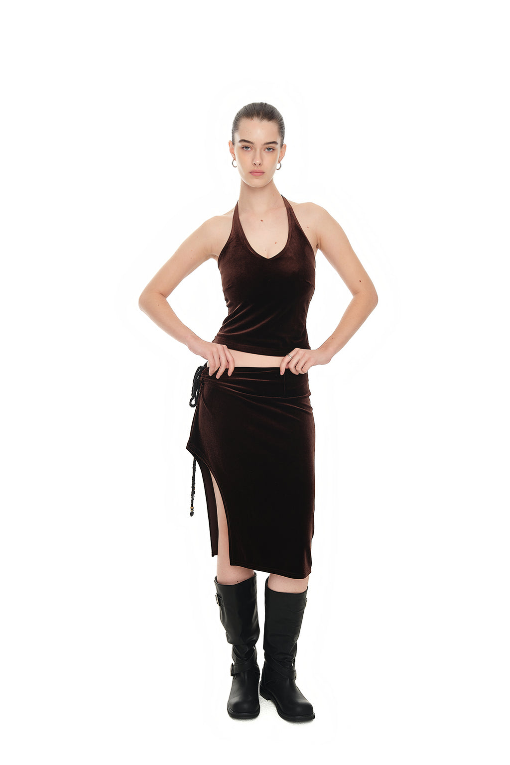 VELOUR MIDI SKIRT (DARK BROWN)