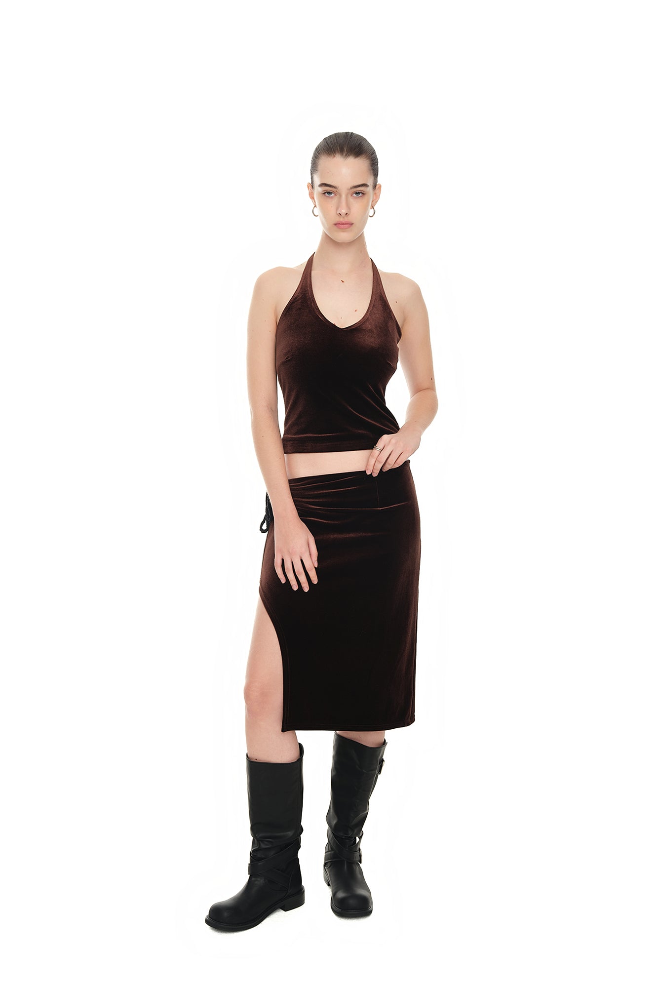VELOUR MIDI SKIRT (DARK BROWN)