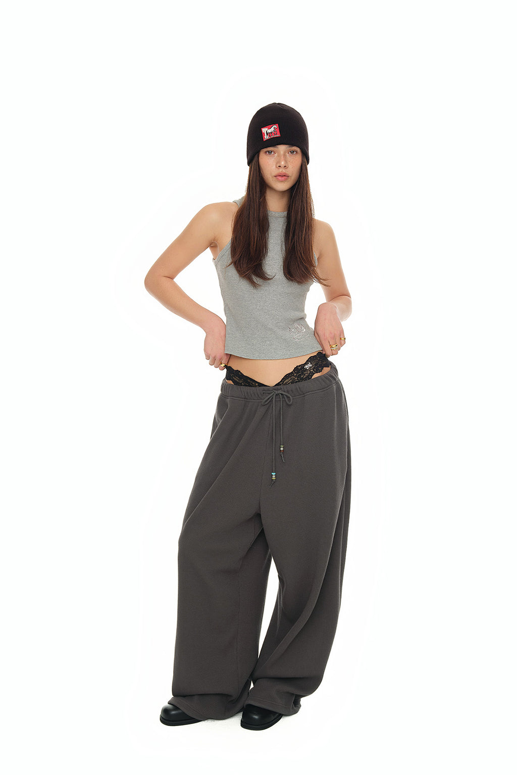 WESTERN BEAD WAFFLE PANTS (CHARCOAL)