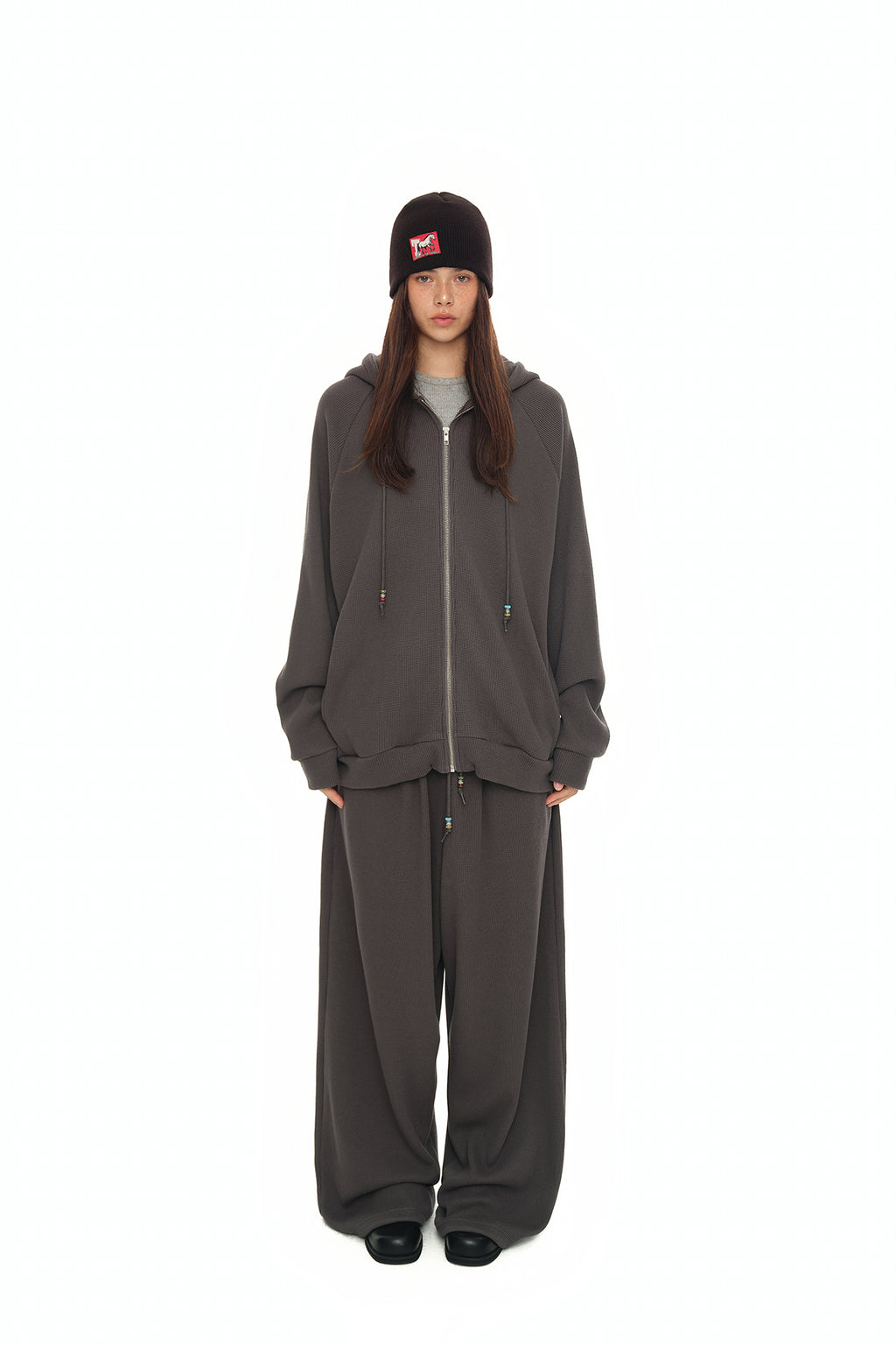 WESTERN BEAD WAFFLE ZIP-UP HOODIE (CHARCOAL)