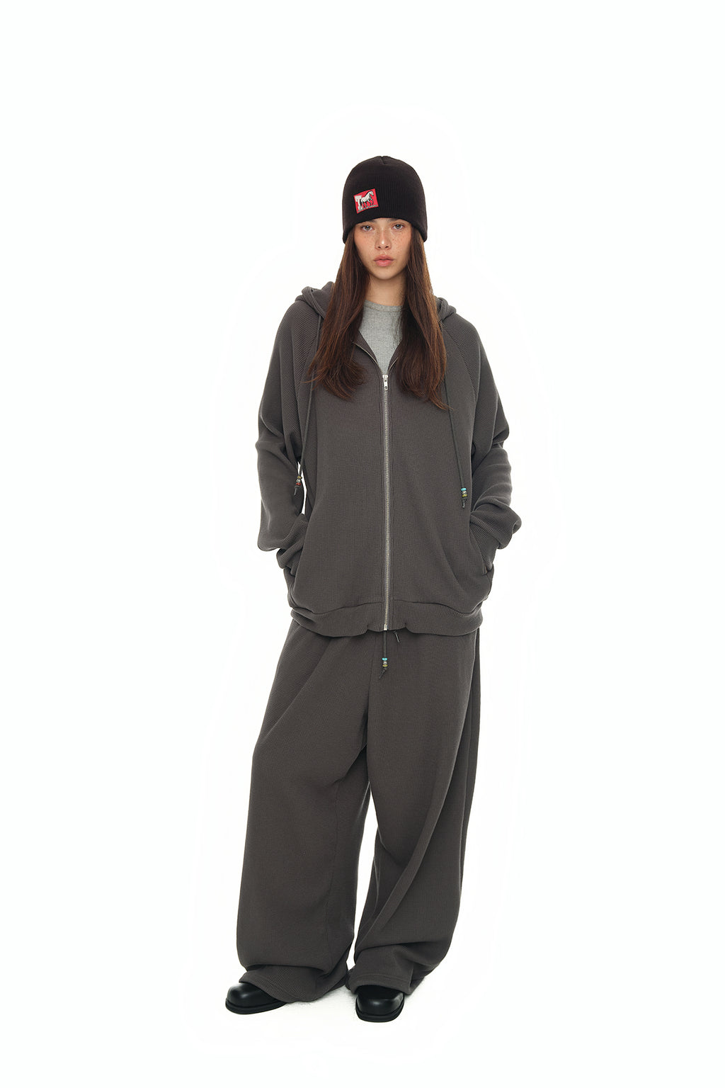 WESTERN BEAD WAFFLE ZIP-UP HOODIE (CHARCOAL)