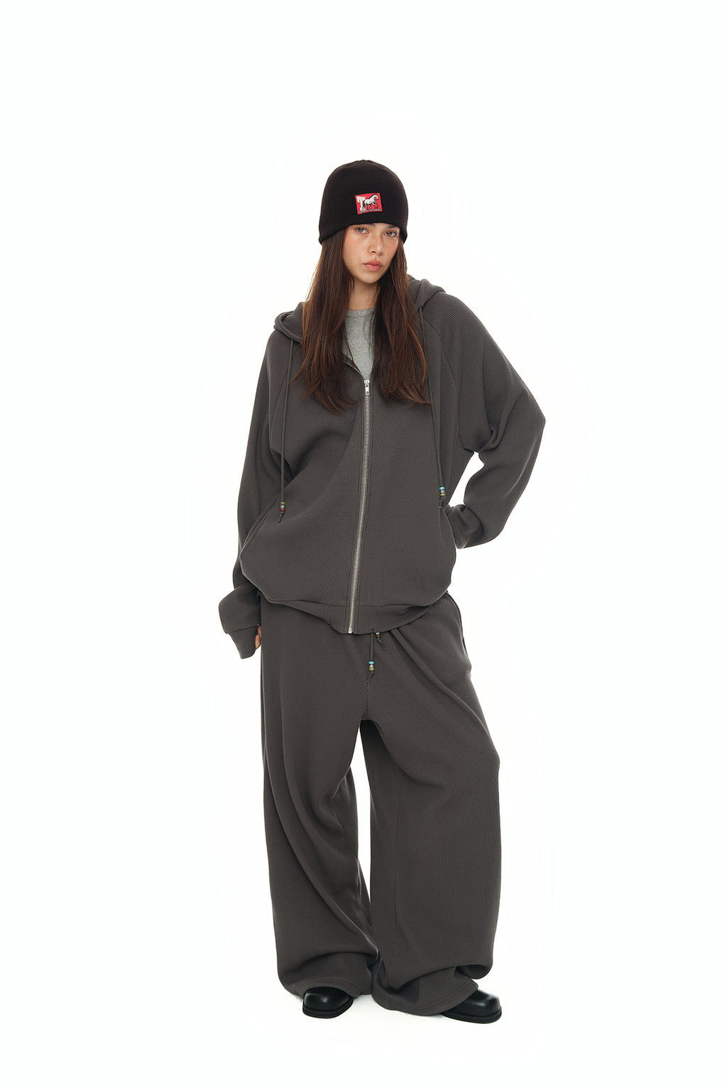 WESTERN BEAD WAFFLE ZIP-UP HOODIE (CHARCOAL)